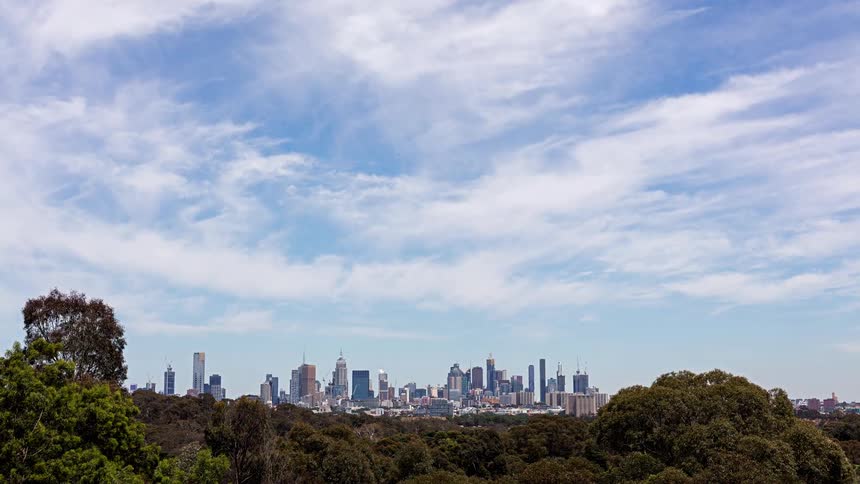 A view of a skyline in a city on a sunny day