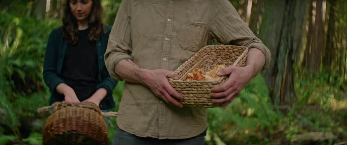 In a sundappled forest a person in a tan linen shirt carries a woven basket filled with freshly foraged orange mushroomswalking alongside them a companion in a dark cardigan holds another basket while surrounded by lush green ferns