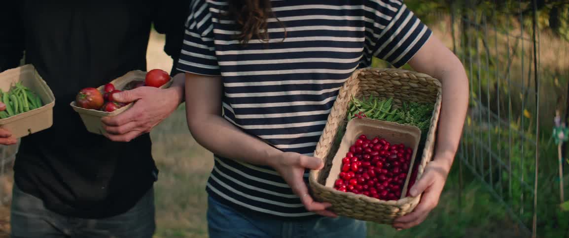 Two people walk through a garden carrying baskets filled with freshly harvested tomatoes and green beans