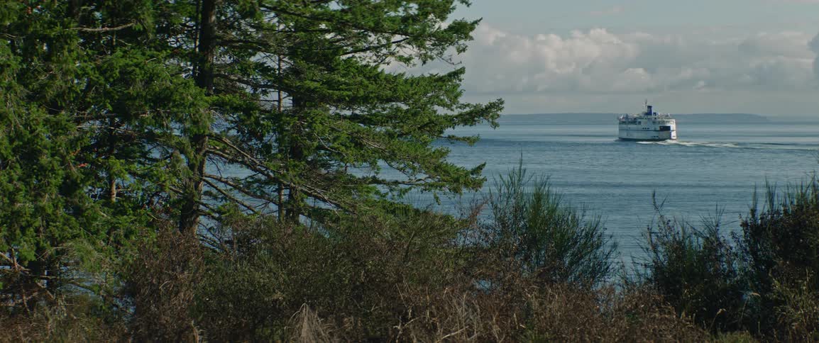A view shows evergreen trees and shrubs in the foreground with a boat moving across calm water under a partly cloudy sky