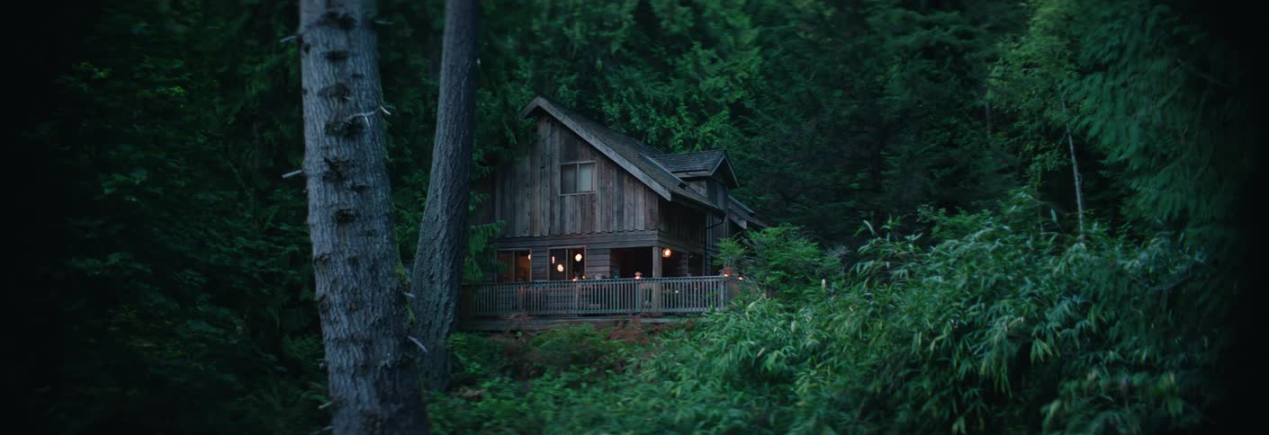 Cabin in the forest with lights on