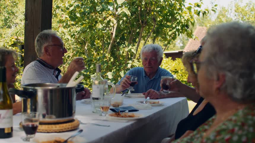 Group of elderly mem and women toasting with wine glasses over a dinner table where food is served outdoors during day time