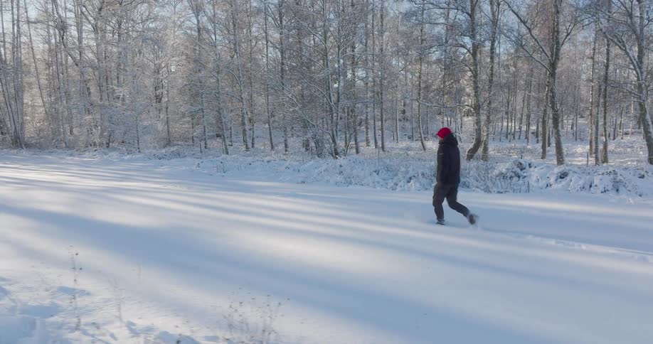 A person in a red beanie walks across a snow covered field beside a frosted forest