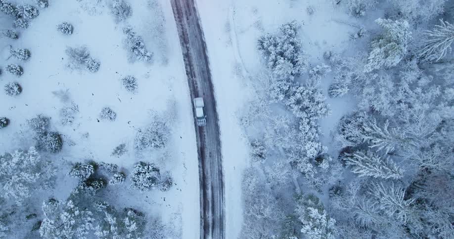 An aerial view of a forest full of snow