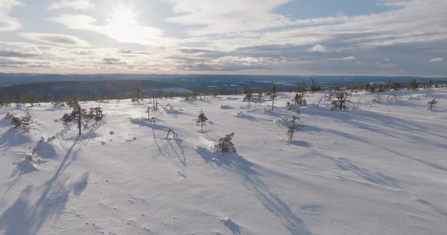 Landscape of a snowy area with mountains and lakes on the horizon