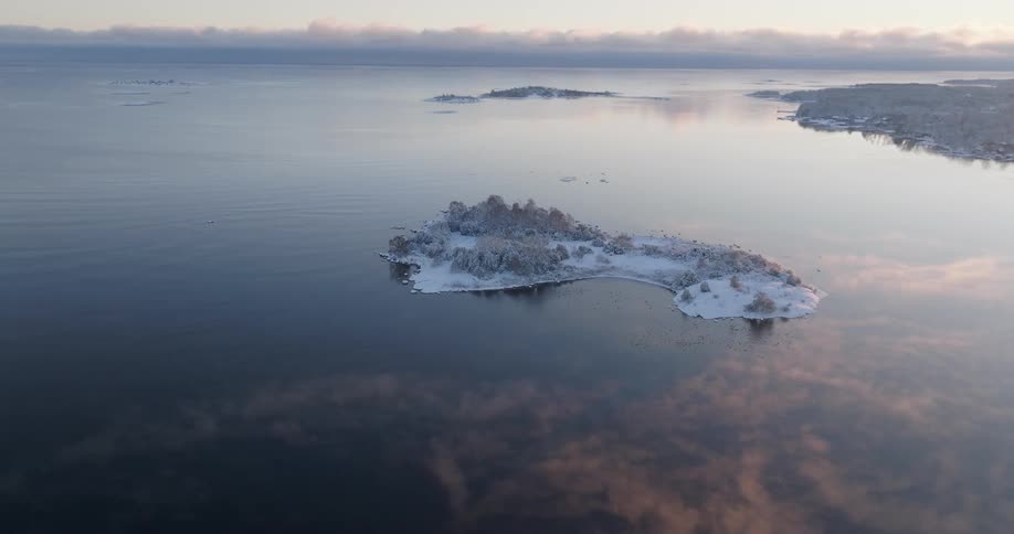 Aerial view of a snowy island