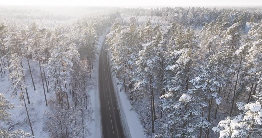 Traffic moves on a highway through a snow covered forest