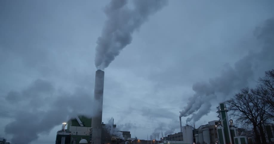 A view of smoke stacks on a power plant