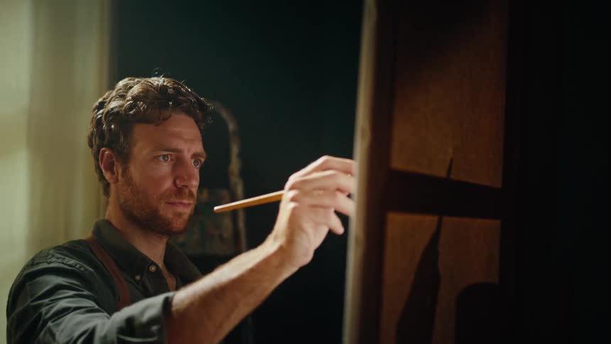 Wooden paintbrush held horizontally as he carefully applies a stroke to the easel the paintbrush cast onto the back of the canvas frame which mirrors his movements in the warm directional light of the studio