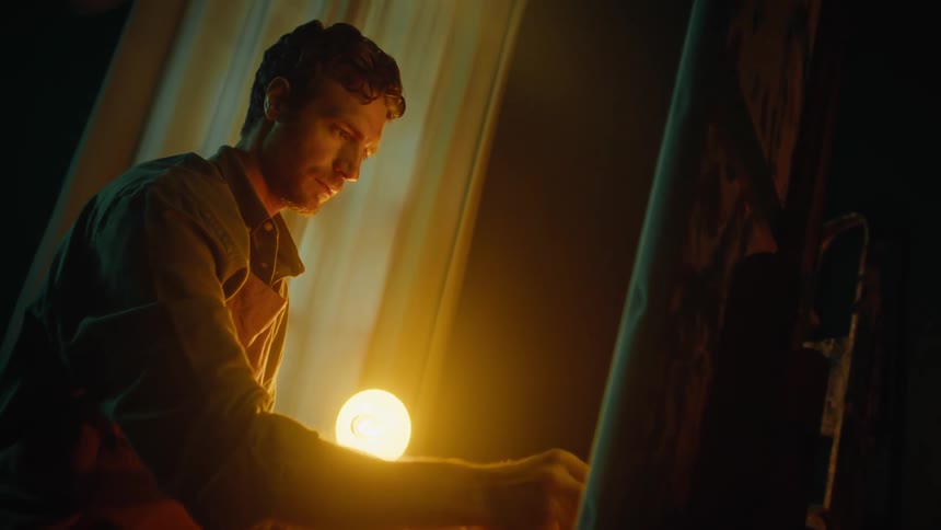 Painter works in front of a canvas on an easel under warm lighting in an indoor setting
