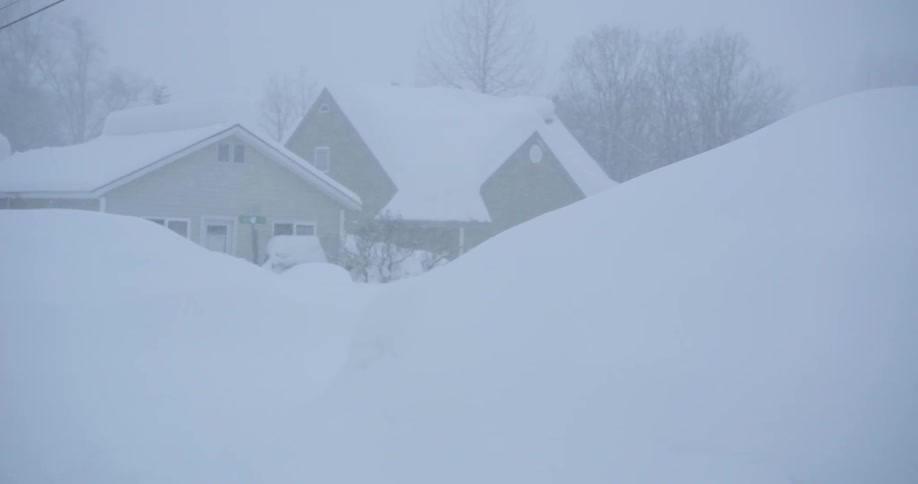 Residential house covered by deep snow during a heavy snowstorm with leafless trees in the background