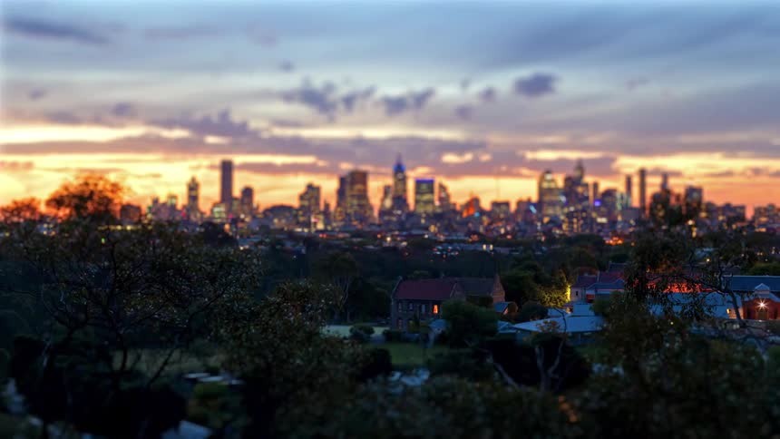 Urban skyline illuminated at dusk seen from a residential area with trees in the foreground