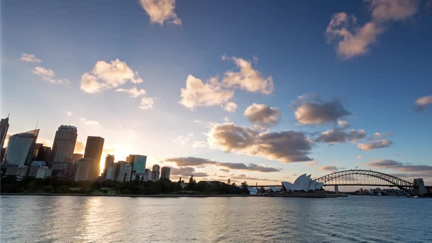Aerial view of sydney harbour bridge and the opera house with the metropolitan skyline at dusk