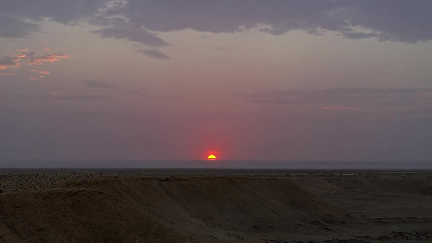 Plants and vegetation on the desert landscape as the sun sets on the horizon in a cloudy sky