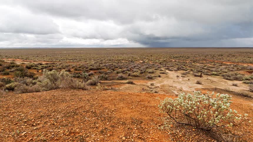A vast arid landscape stretches to the horizon under heavy gray clouds dotted with sparse shrubs and red rocky soil