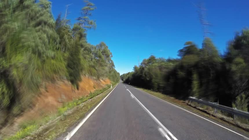Paved highway curving through a rural area with dense vegetation under a blue sky