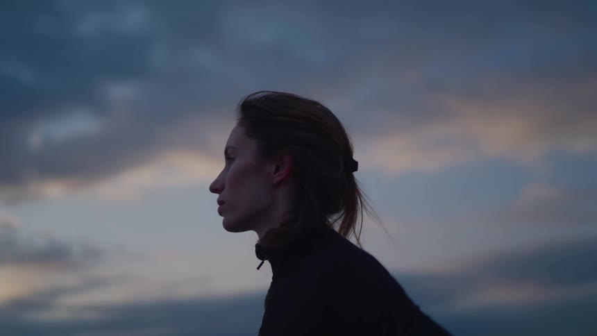 The woman watches the sunset on the shore