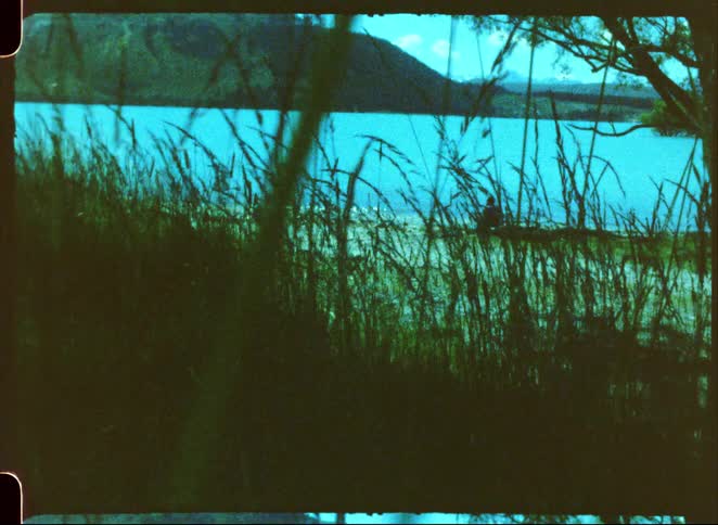 Tall grass stalks frame a view of a person sitting on a shore beside a bright blue lake with a large mountain and a clear sky appearing in the background