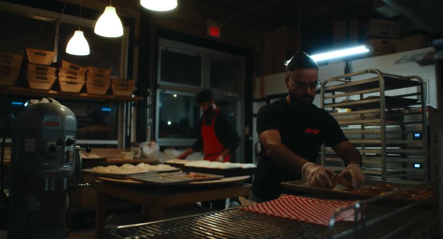 Two bakers work in a dimly lit commercial kitchen preparing dough on large wooden tables surrounded by industrial equipment and metal cooling racks under bright hanging lights