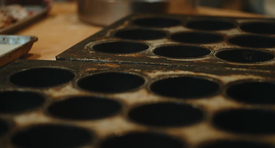 A close view shows a person in a professional kitchen spraying oil on several rows of dark metal muffin tins on a wooden work surface