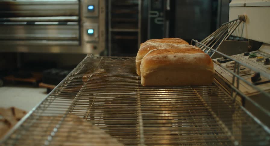 Handling baked loaves being removed from a metal rack in a bakery environment
