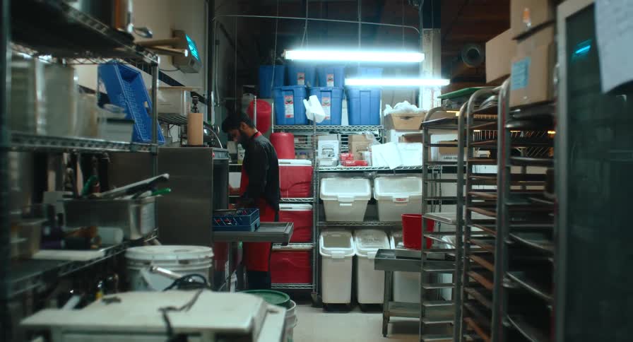 A worker washing dishes at a commercial dishwasher in a busy industrial kitchen
