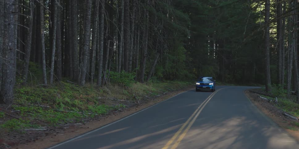 Car traveling on a road through the forest with headlights on