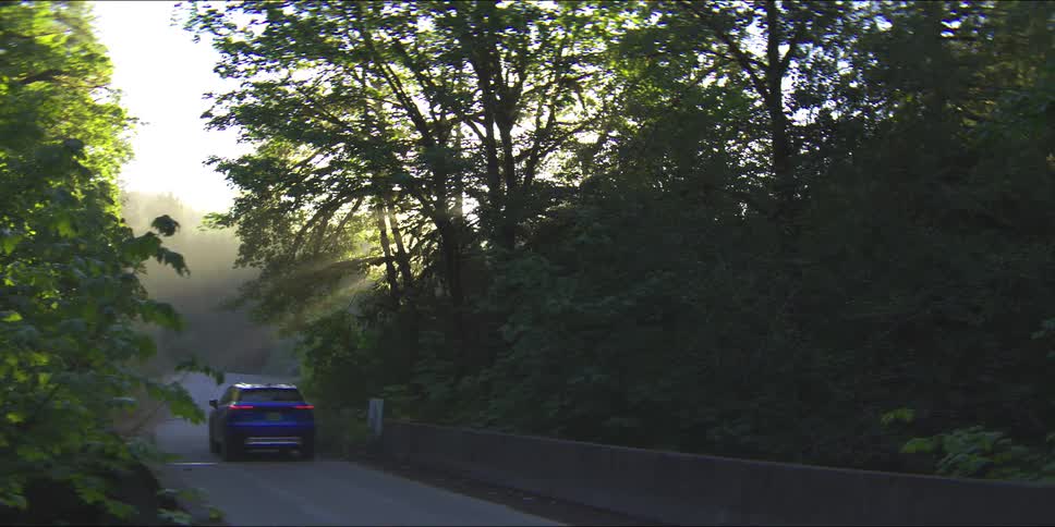 A blue suv drives down a narrow road into a misty sun drenched forest where bright rays of light filter through the dense green trees