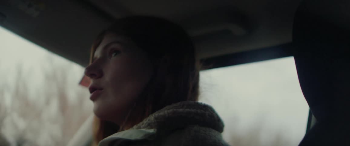 Woman sits in the passenger seat of a traveling automobile looking around as they go