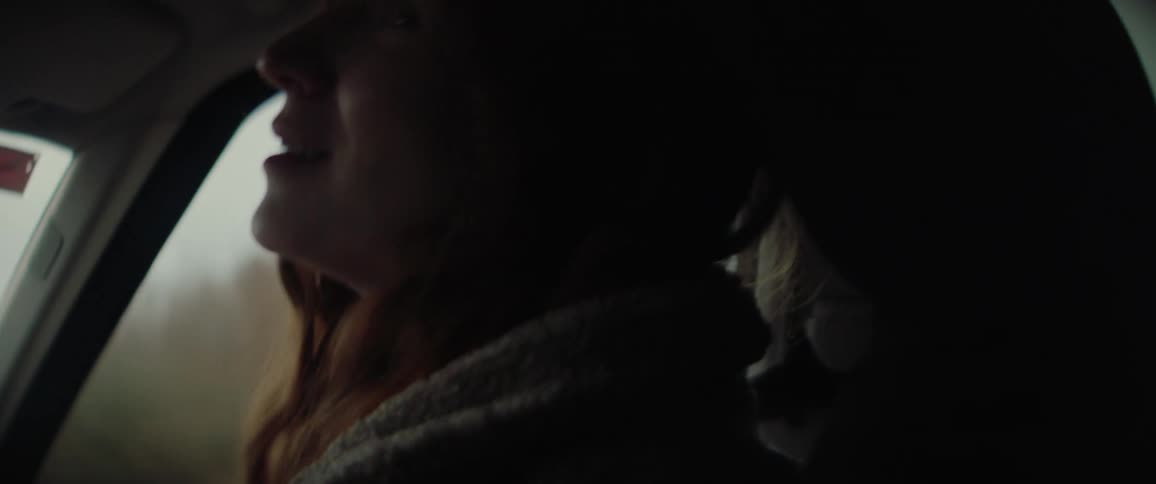 Woman sitting in the passenger side of a traveling automobile moves her hand over her hair as she talks