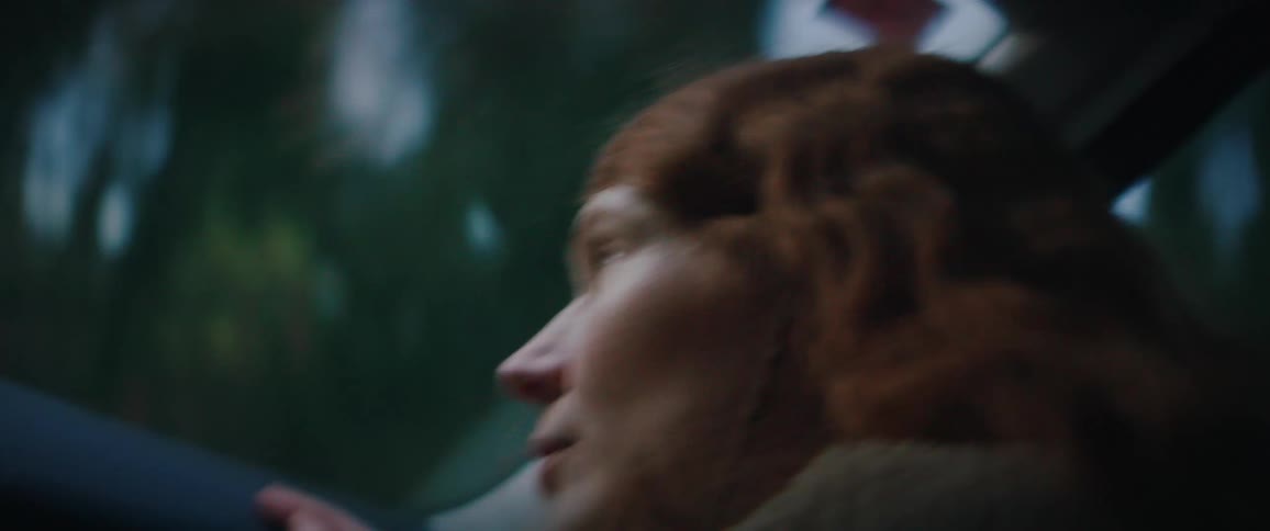 A woman with long wavy ginger hair sits in the passenger seat of a car looking up through the window at a forest landscape of bare trees as natural light highlights her face and the interior of the vehicle