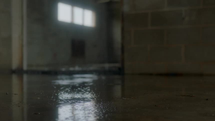 Water drips and pools on the floor inside a room