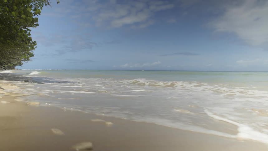 Ocean waves crashing onto rocky beach on sunny day