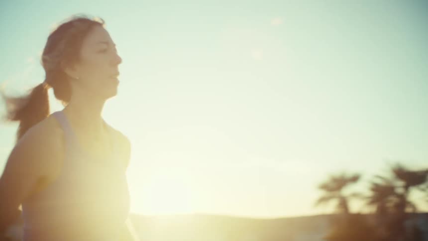 A pregnant woman in blue athletic gear is seen jogging along a scenic coastal path during a bright sunny day the video follows her from several angles as she maintains a steady pace past palm trees and sandy terrain