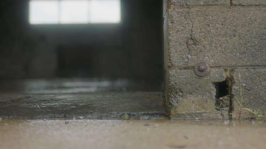 Rain is pouring in through holes in the roof inside