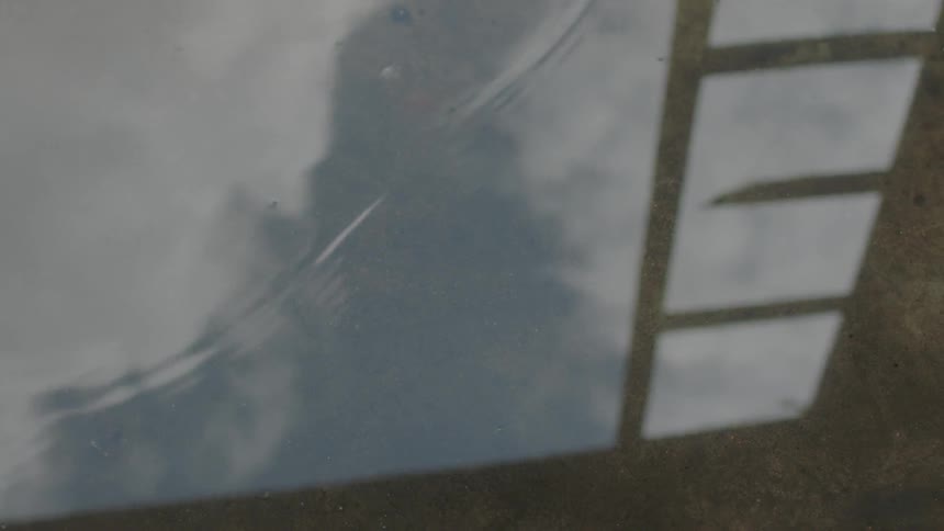 Clouds are reflected in a pool of water