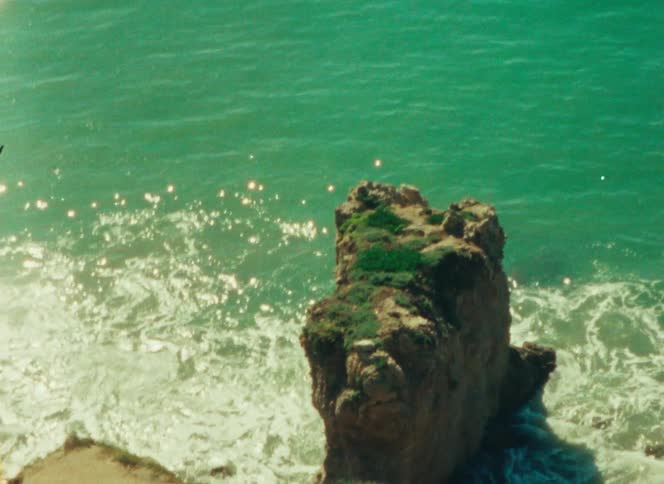 Rocks overlooking the coast as a seagull flies over sparkling water in the sunlight