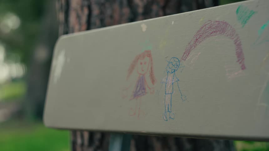 Crayon drawing on a park bench stands near a tree on a summer day