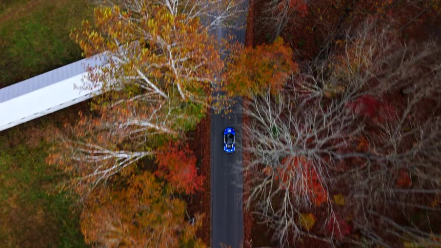 Blue car travels along a narrow road between autumn foliage trees seen from above
