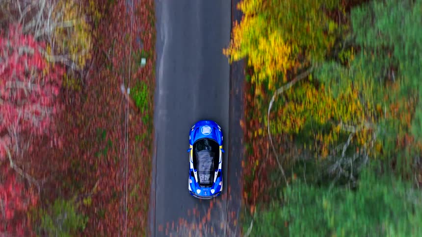 Topdown view of a blue rally car driving along a narrow paved road flanked by vivid autumn foliage in reds and greens