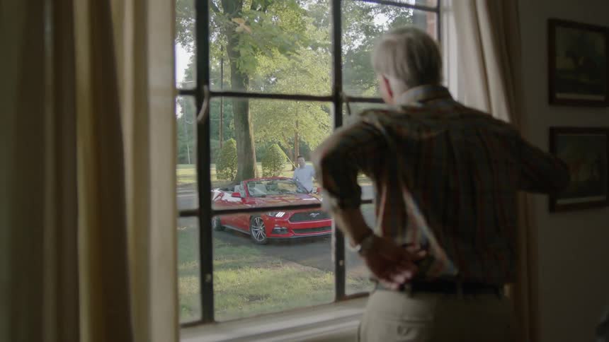 A man looks out a window at a car parked outside