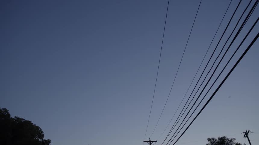 Power lines hang above the street lined with trees