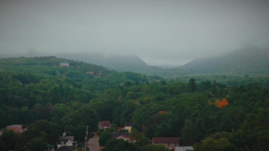 Heavy fog obscures the mountains bordering a forest near a residential neighborhood on an autumn day