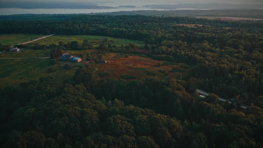 A vast rural landscape at sunset where several houses and barns sit in a grassy clearing surrounded by a dense green forest