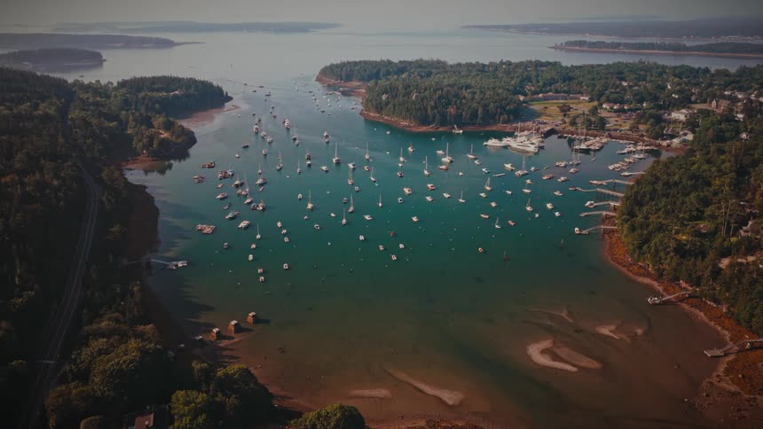 Aerial view of a sheltered bay dotted with dozens of moored sailboats and yachts flanked by treecovered peninsulas and marinas with homes along the shoreline