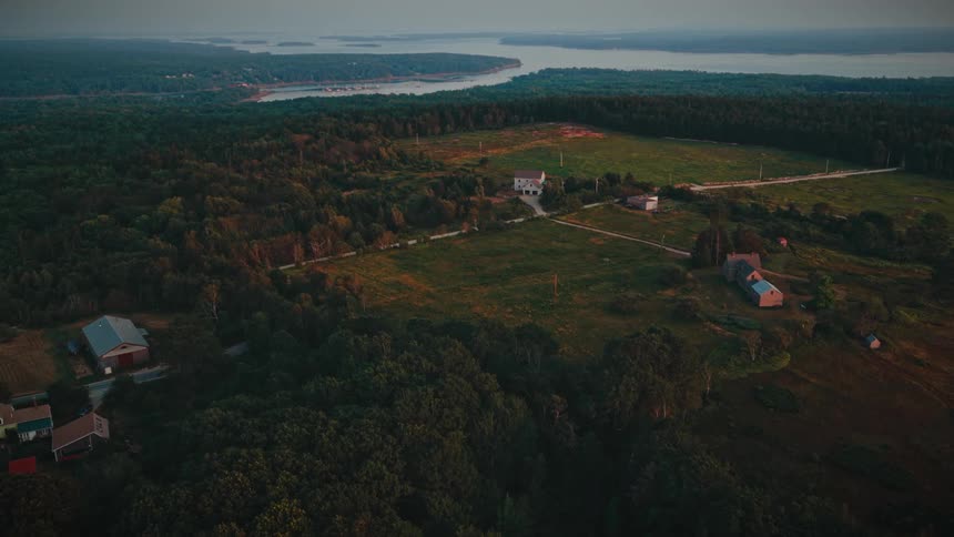 Aerial view of rural area with scattered houses fields and forest near a body of water