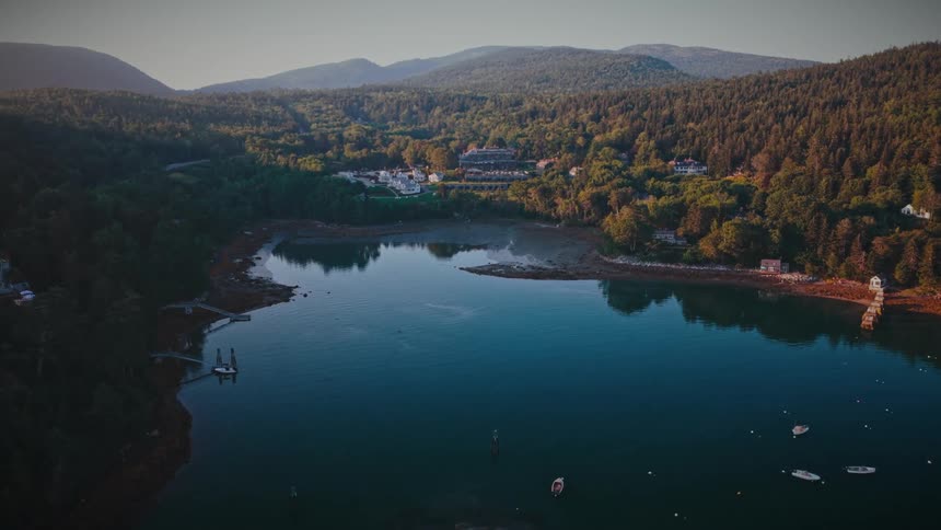 Many boats sailing on the water between forested mountains with a community on the coast