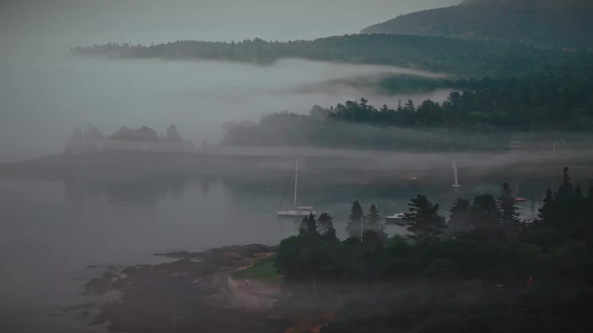 Thick fog hangs low over the water of a forested coast with boats sailing on the water