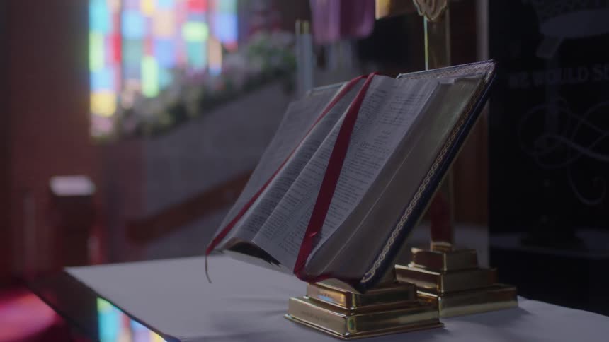 Close up of a bible on an alter