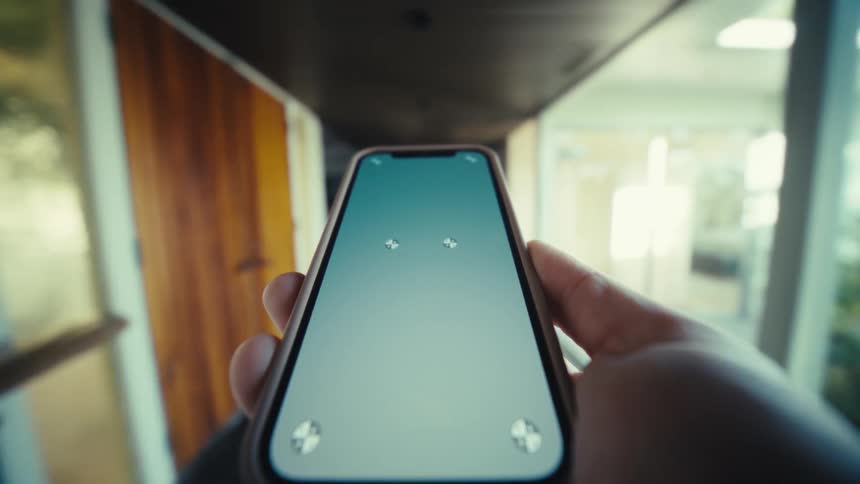 The person carries their cell phone through the home